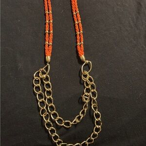 Elegant Gold tone  and Orange Beaded Chain Necklace.
